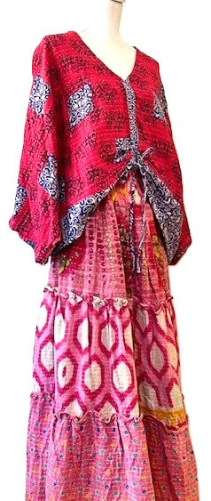 Kantha Bae Patchwork Monarch Maxi Skirt, Mixed Print. Pink
