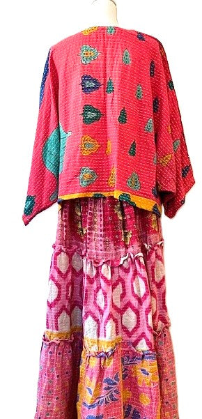 Kantha Bae Patchwork Monarch Maxi Skirt, Mixed Print. Pink