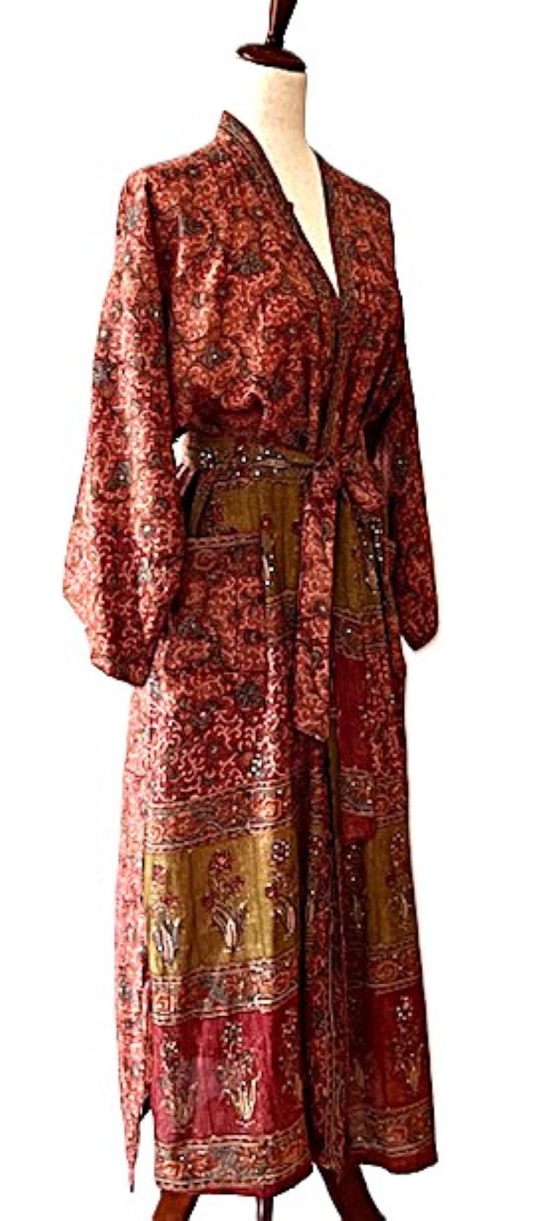 Top of the Line Silk Kimono Duster, Rich Warm Print, Engineered Border