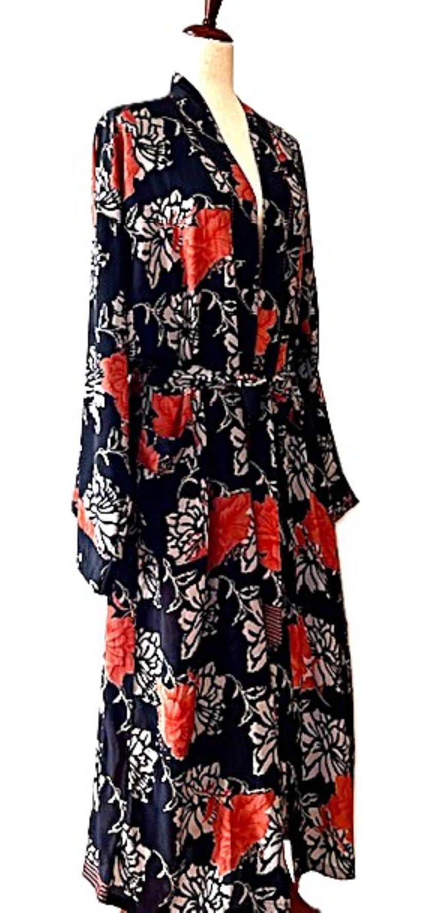 Long Silk Kimono Duster, Dramatic Red Floral Against A Black Background