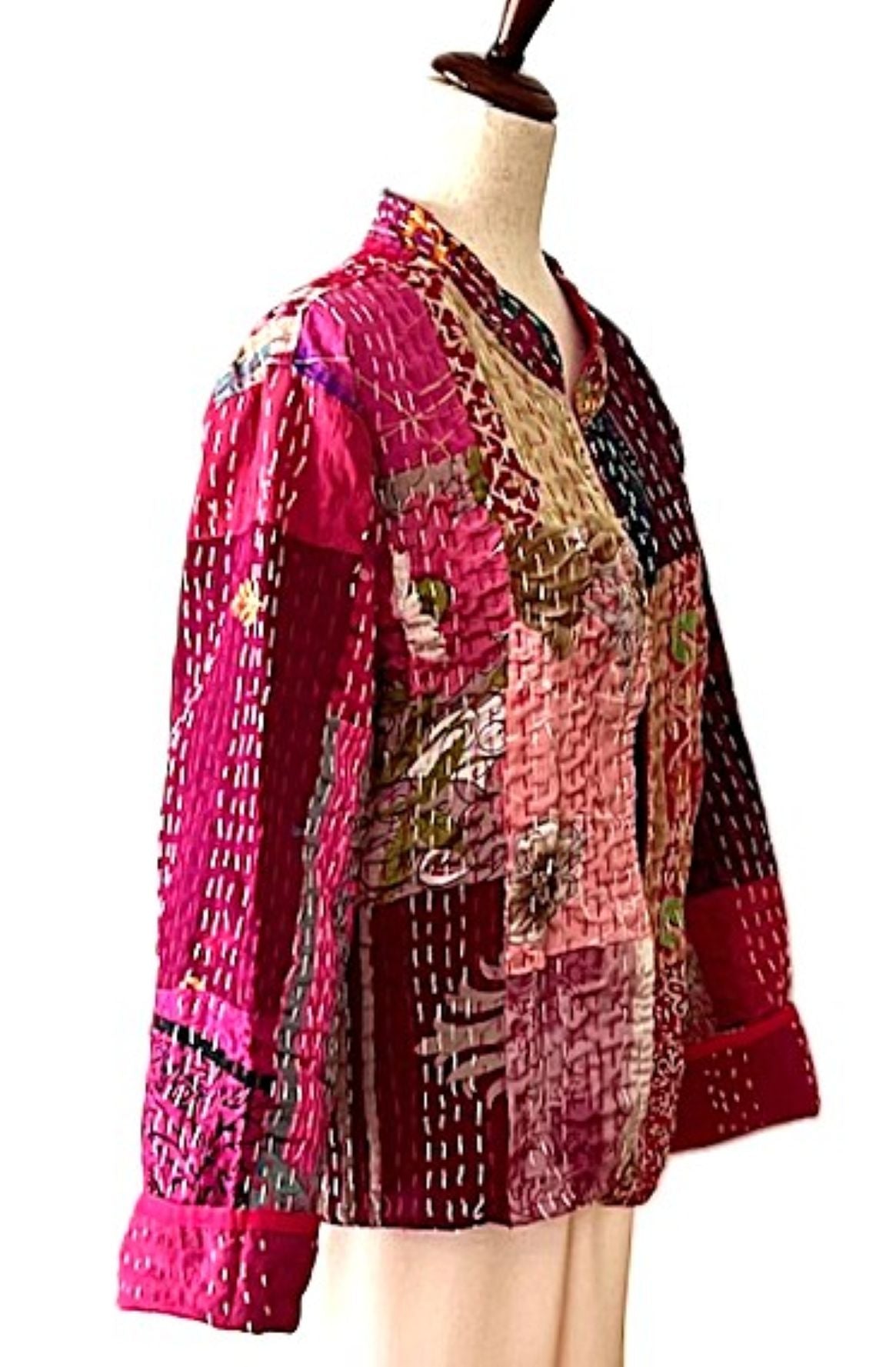 Jacket, Fully Reversible Cotton Quilted Patchwork Jacket With Kantha Stitching (Rose)