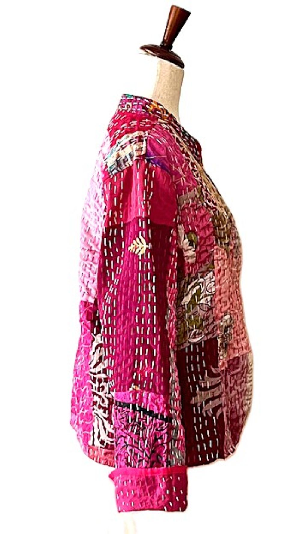 Jacket, Fully Reversible Cotton Quilted Patchwork Jacket With Kantha Stitching (Rose)