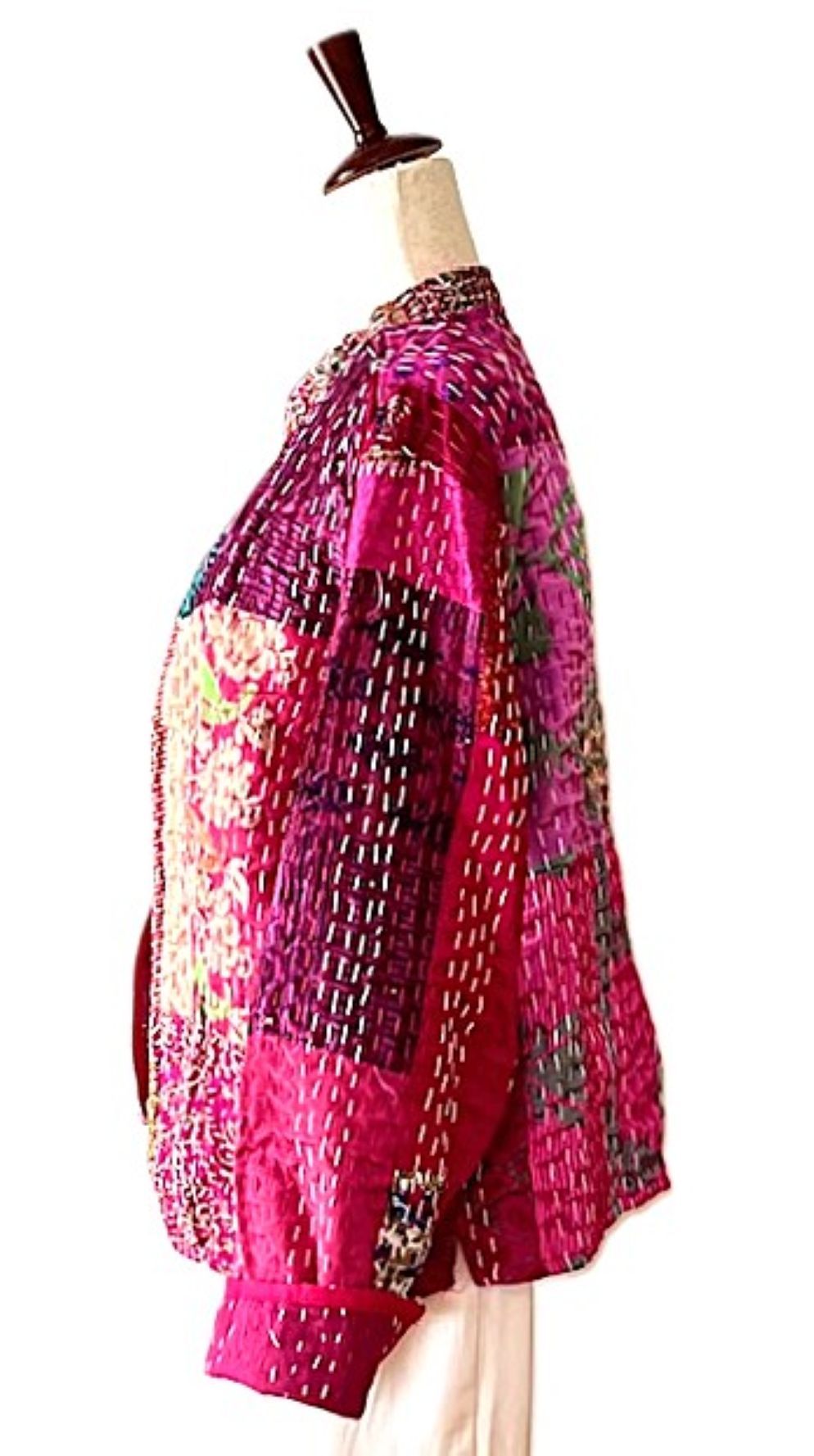 Jacket, Fully Reversible Cotton Quilted Patchwork Jacket With Kantha Stitching (Rose)