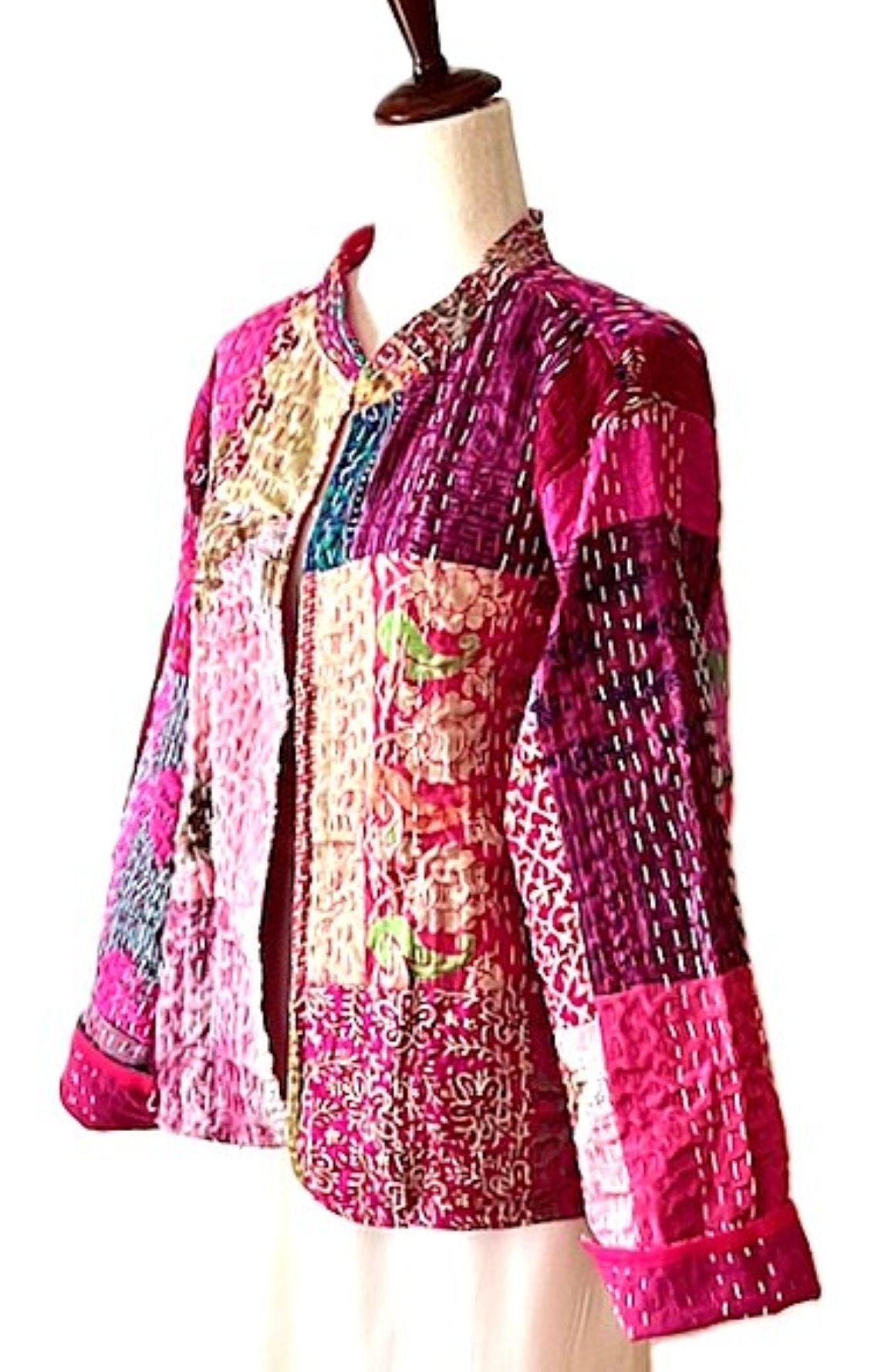 Jacket, Fully Reversible Cotton Quilted Patchwork Jacket With Kantha Stitching (Rose)