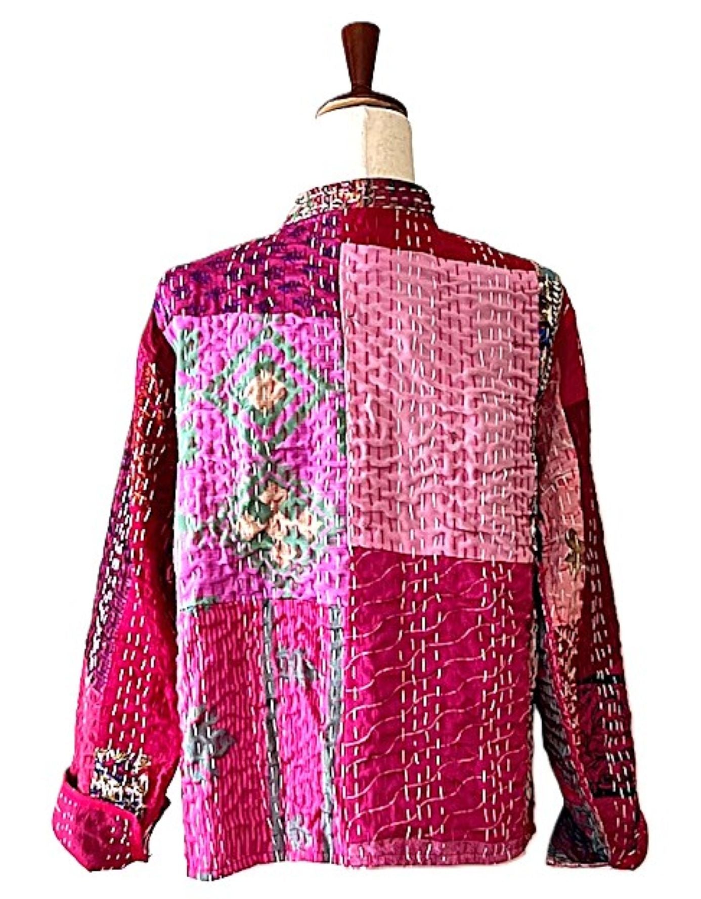 Jacket, Fully Reversible Cotton Quilted Patchwork Jacket With Kantha Stitching (Rose)