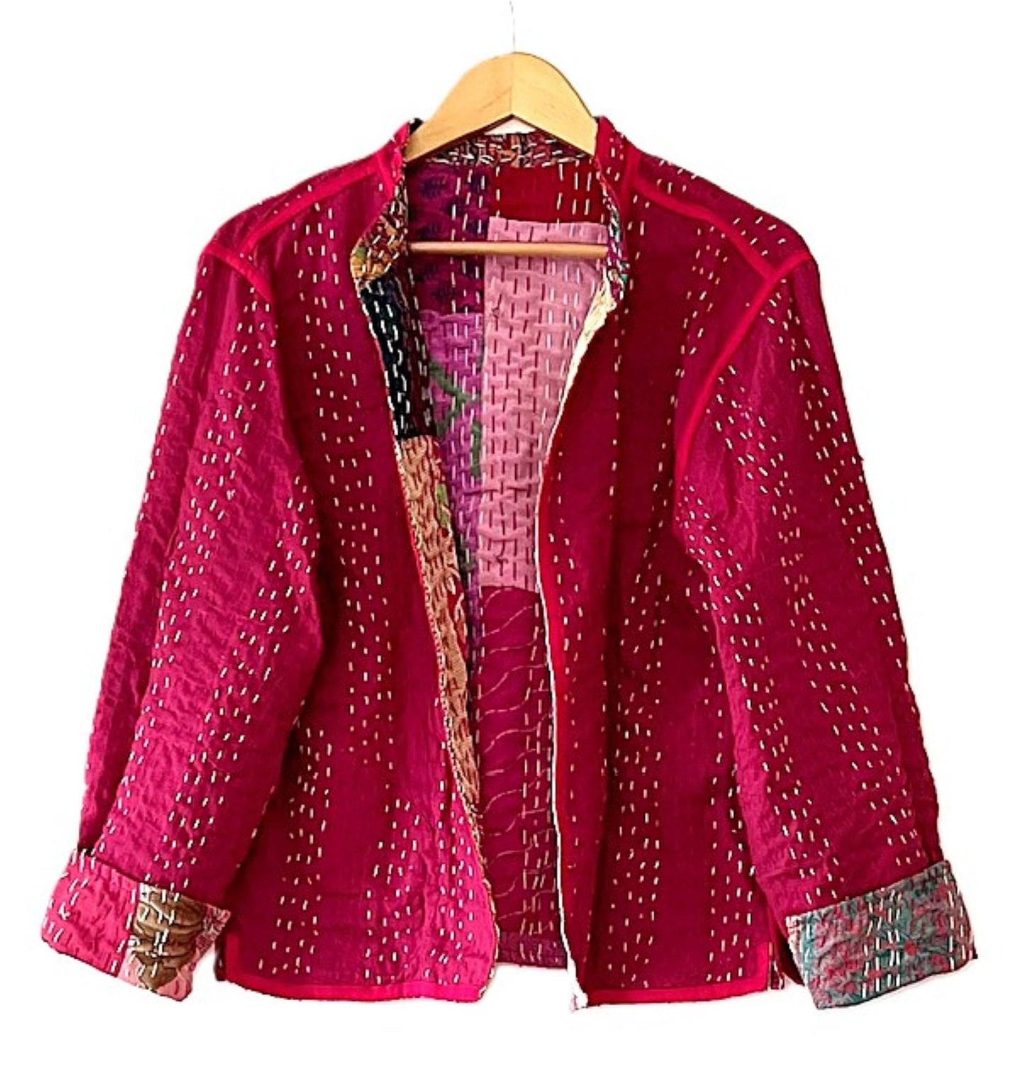 Jacket, Fully Reversible Cotton Quilted Patchwork Jacket With Kantha Stitching (Rose)