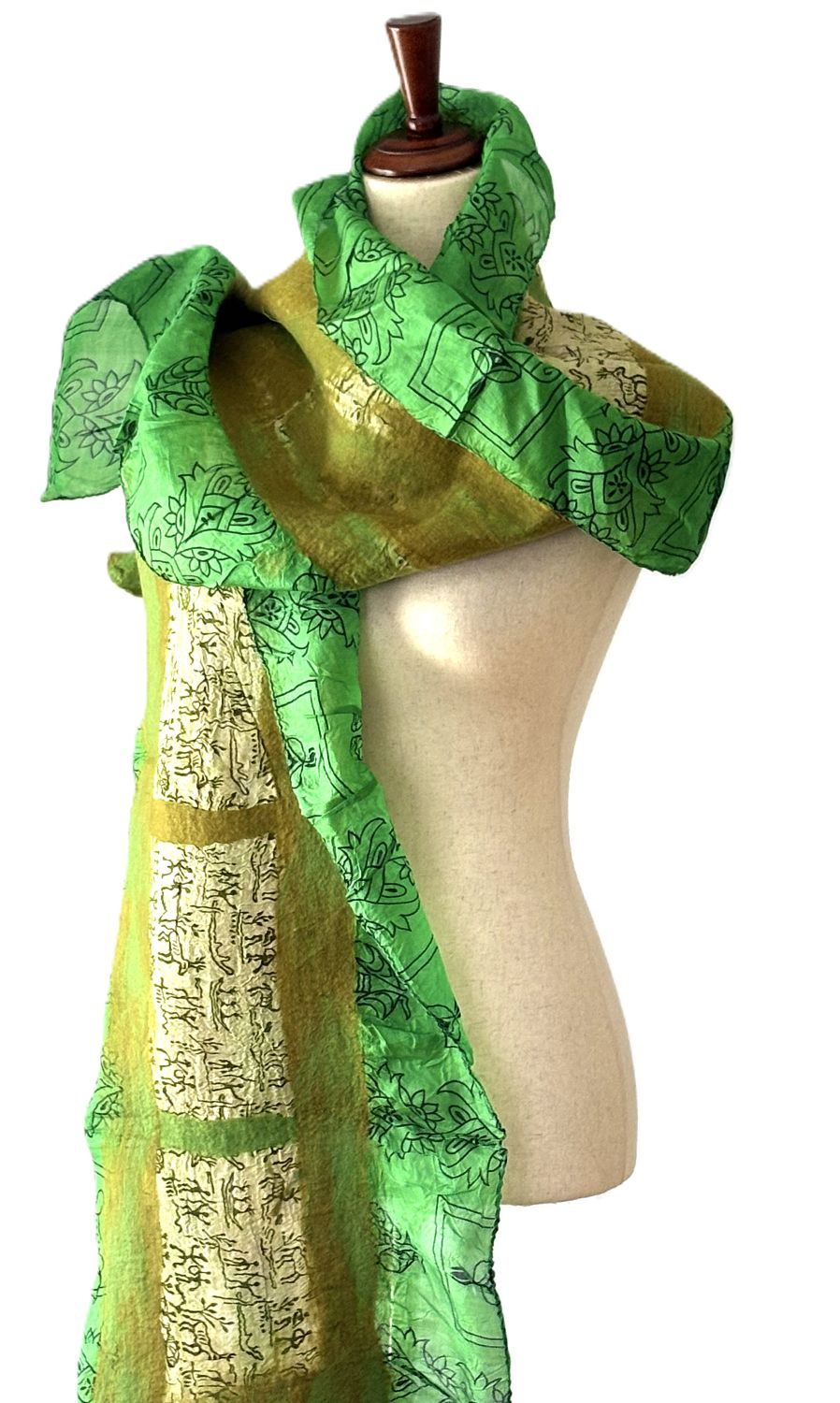 Artisan Shawl, Handmade Merino Wool And Vintage Silk Sari Wrap. (Green)