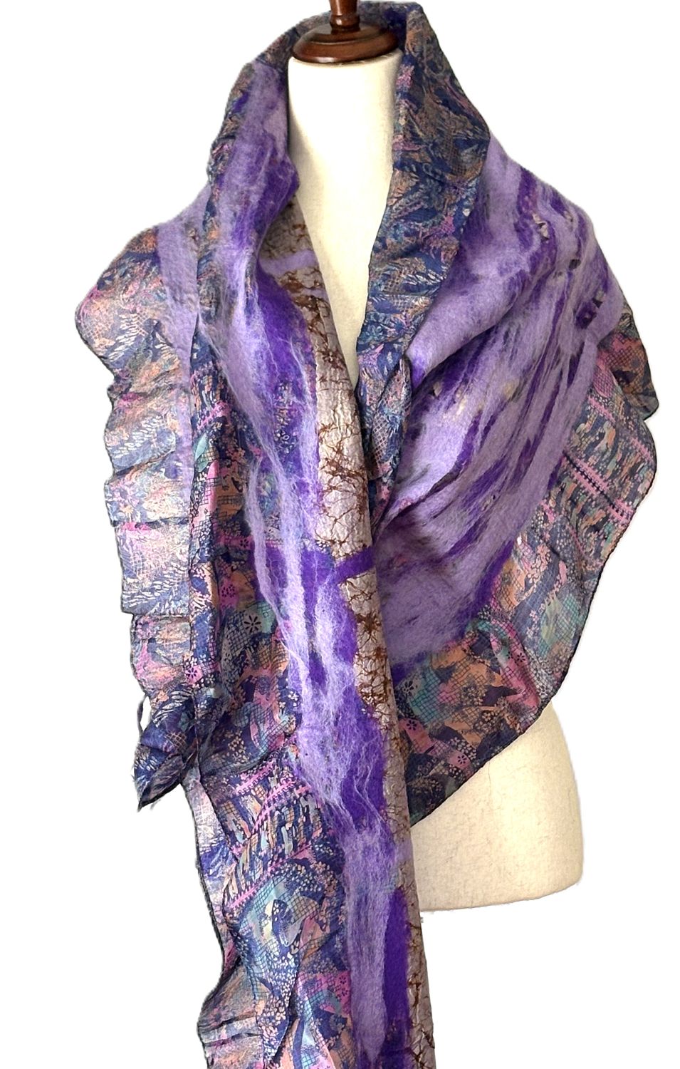 Artisan Shawl, Handmade Merino Wool And Vintage Silk Sari Wrap. (Purple)