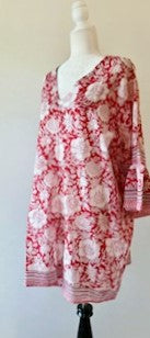 Crisp Floral Block Print Cotton Dress With Flared Cuffs (Red)