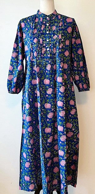 Floral Block Print Cotton Dress Looks Lush (Navy)