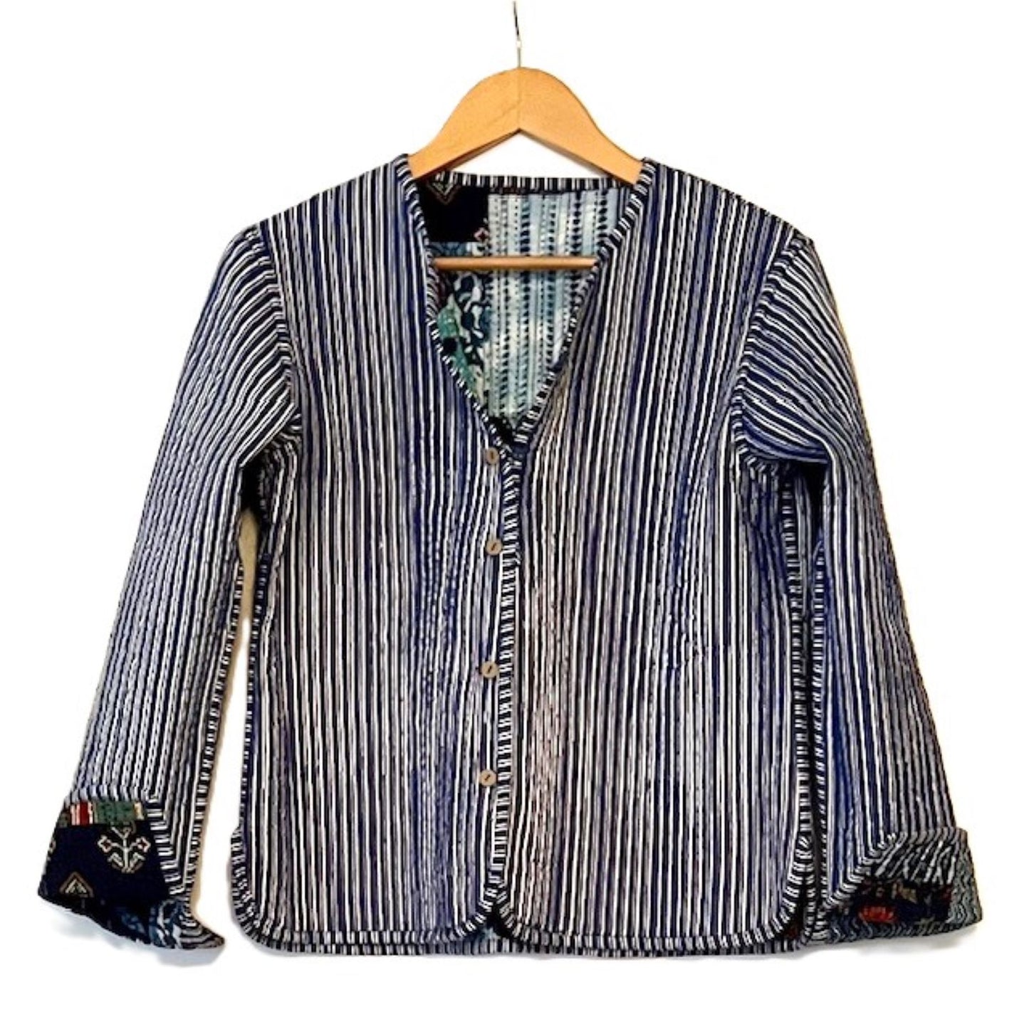 Luxe Reversible Cotton Quilted Womens Jacket With Stripe Piping Collar (Navy Patchwork)