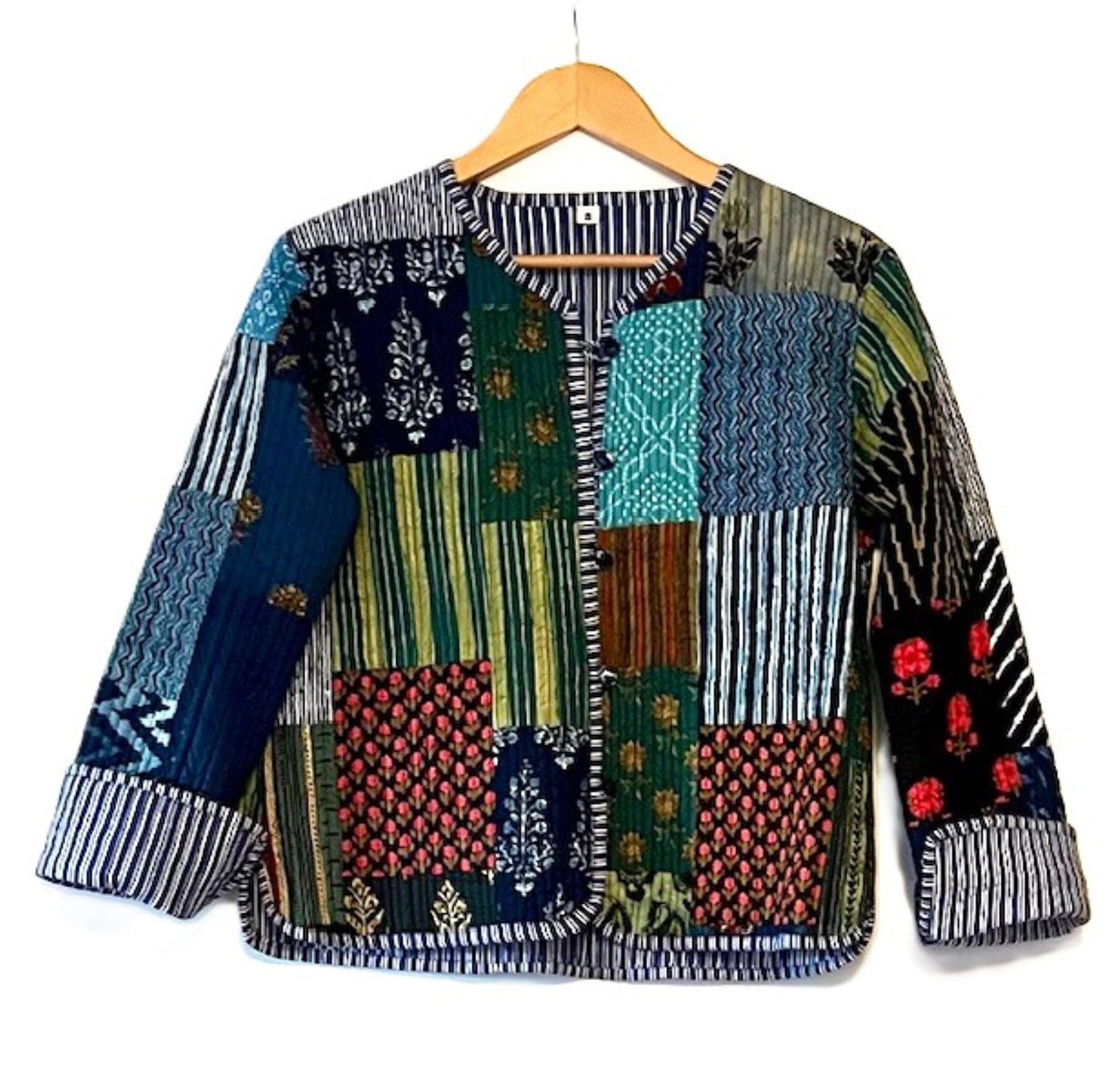 Luxe Reversible Cotton Quilted Womens Jacket With Stripe Piping Collar (Navy Patchwork)