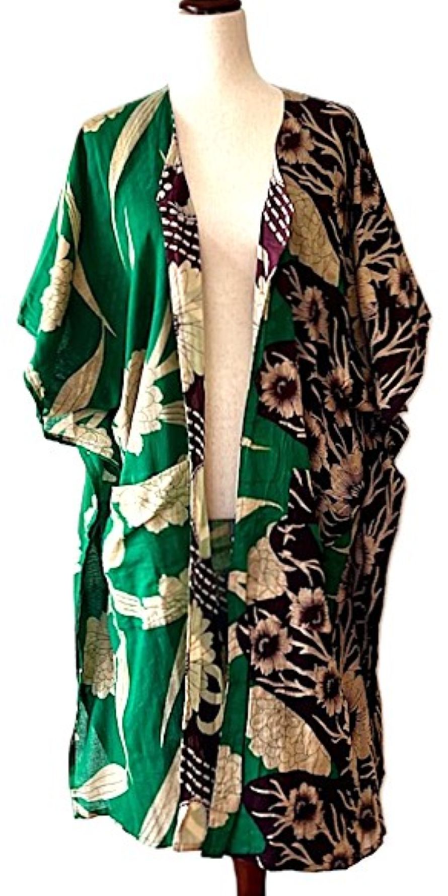 Kantha Bae Take It Easy Cotton Kimono, Fully Reversible. (Green Burgundy)