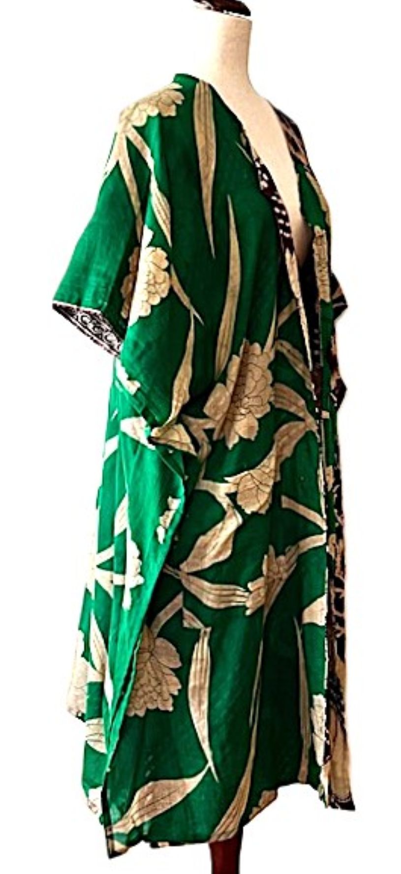 Kantha Bae Take It Easy Cotton Kimono, Fully Reversible. (Green Burgundy)