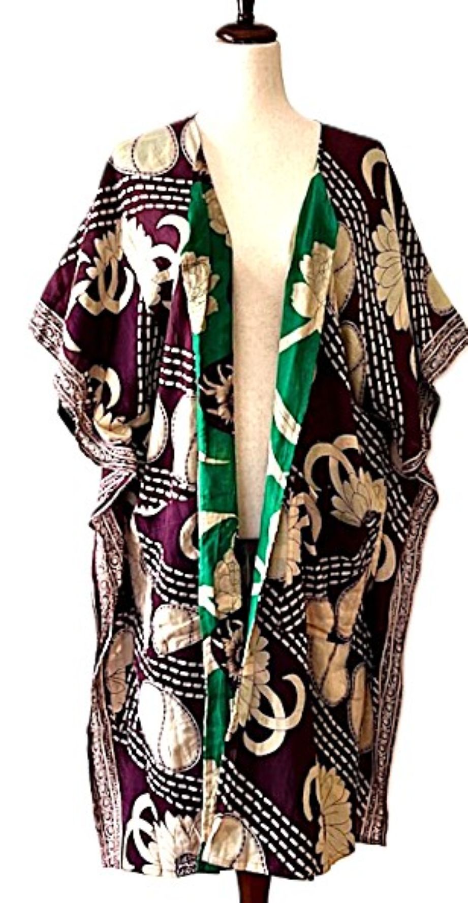 Kantha Bae Take It Easy Cotton Kimono, Fully Reversible. (Green Burgundy)