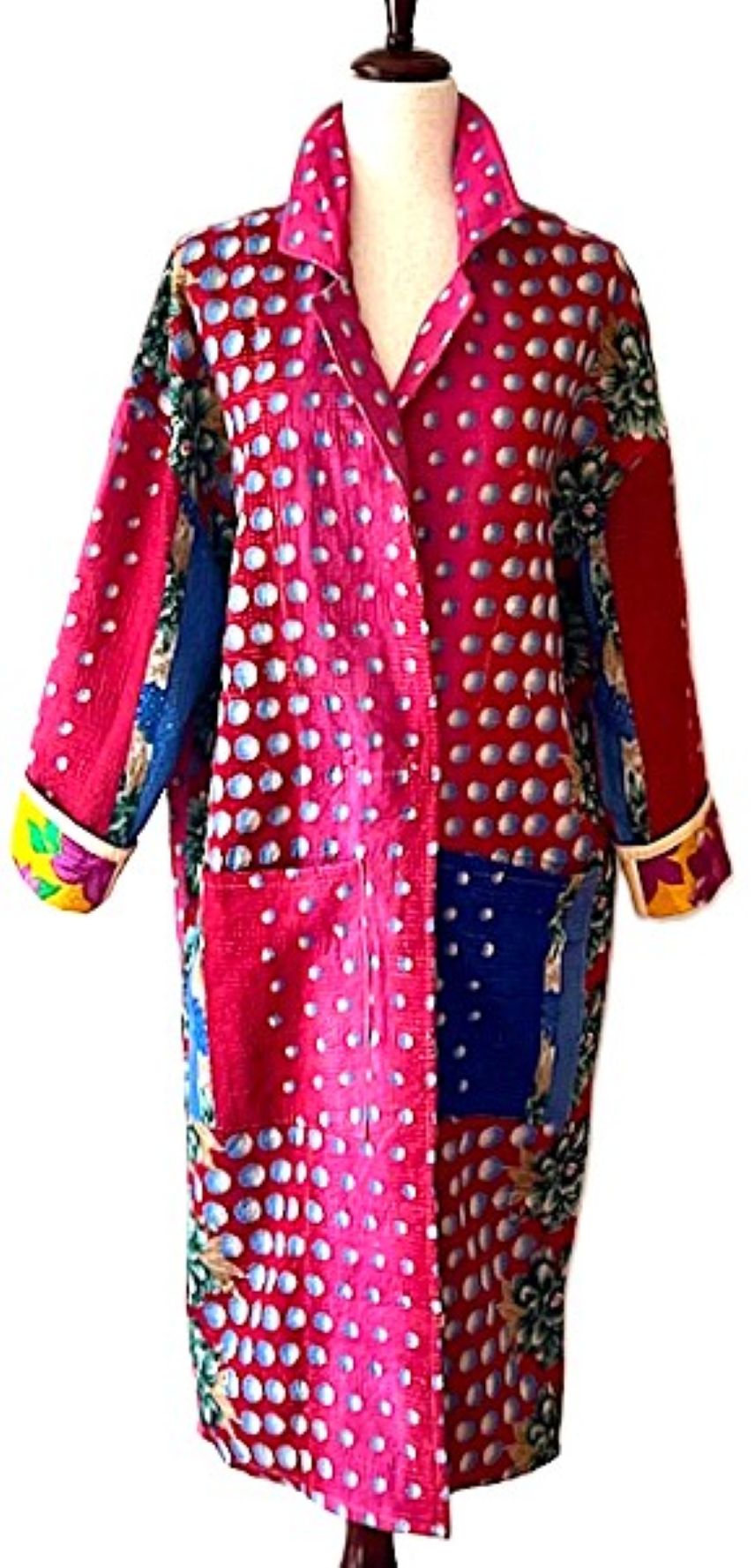 Jacket - Wearable Art, Long Boho Quilted Patchwork Coat Is A Statement Piece (Pink)