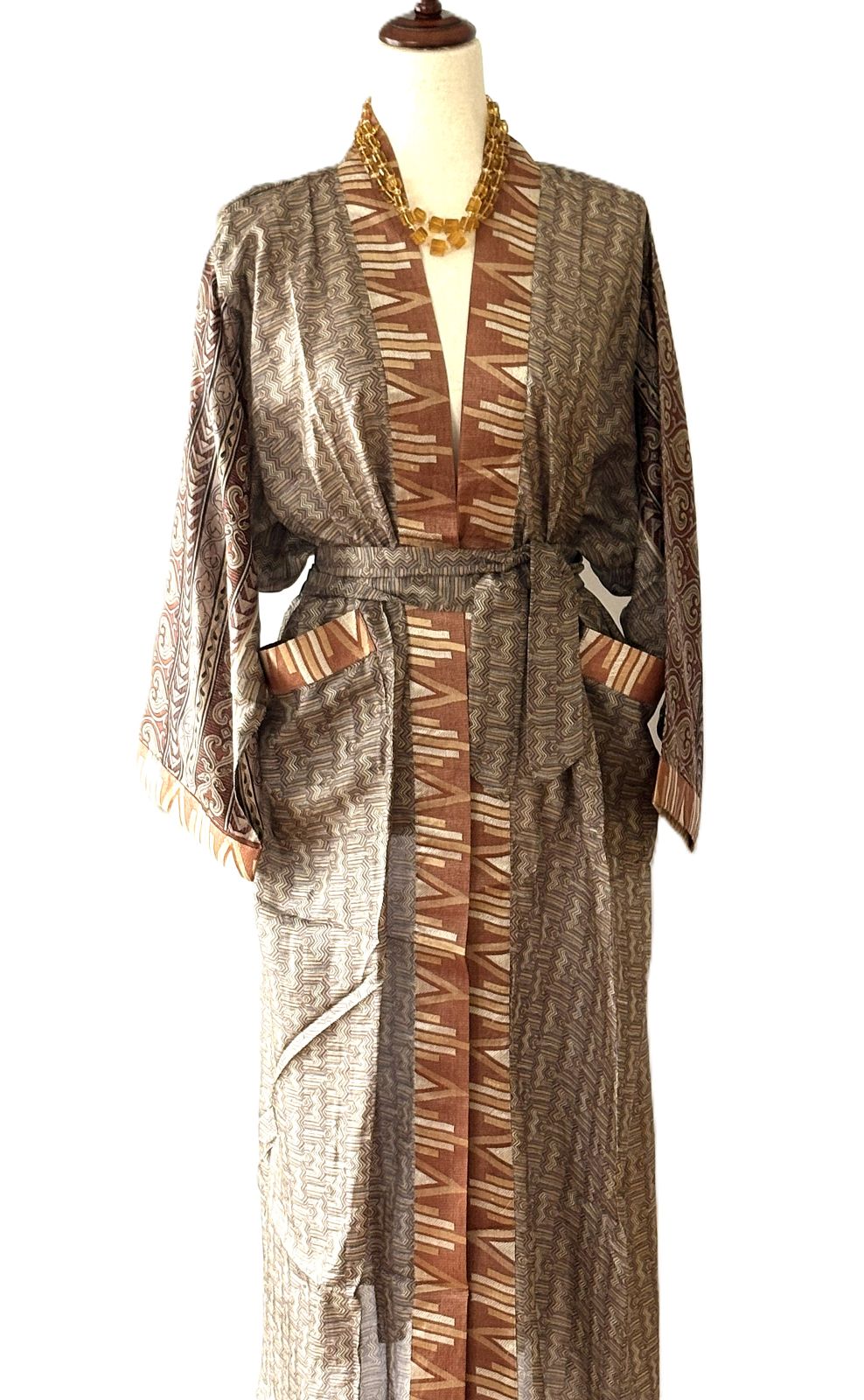 Signature Collection, Abstract Geometric Long Silk Kimono Duster With Specialty Trim