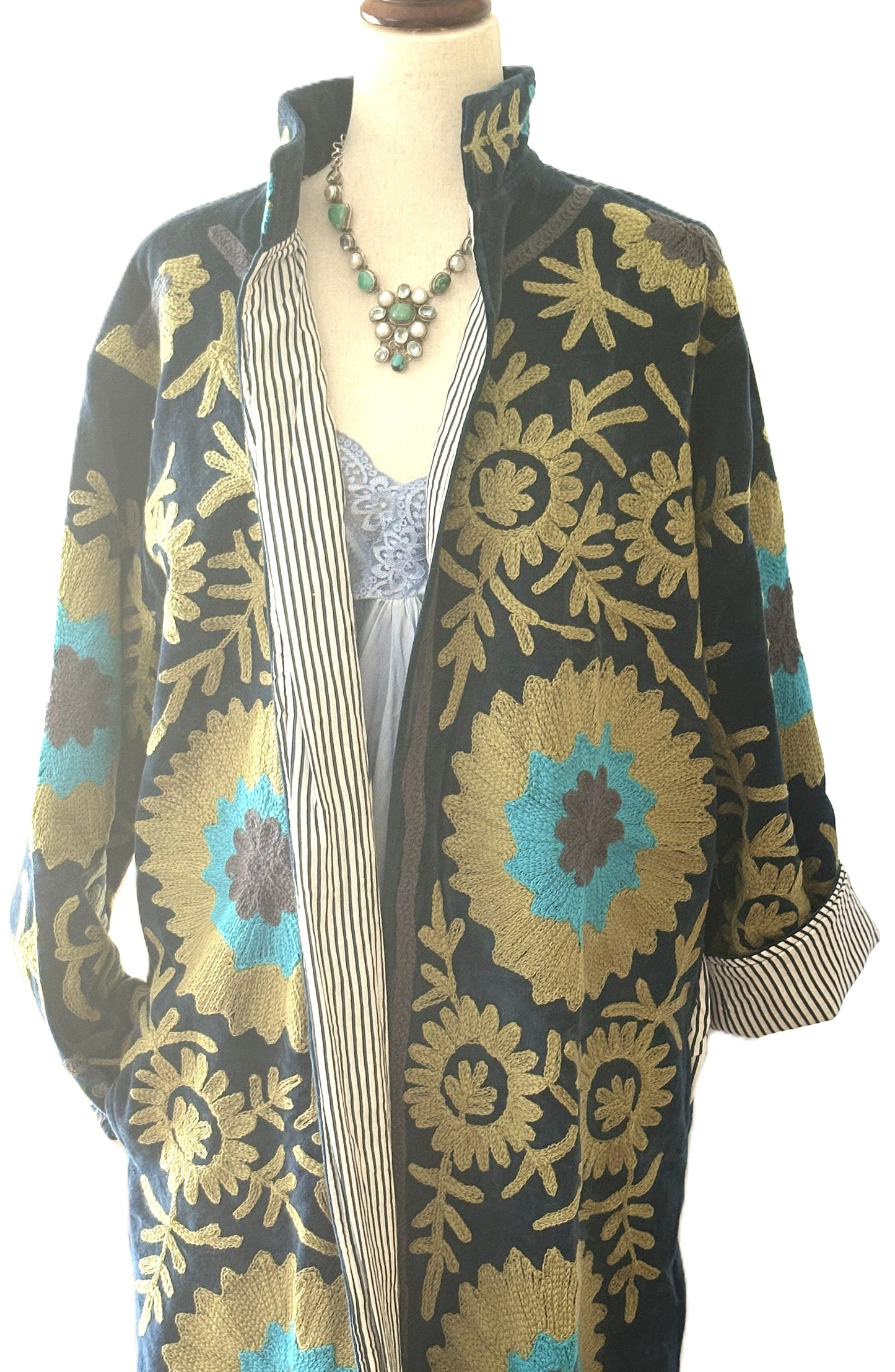 Specialty Collection, Long Velvet Hand Embroidered Suzani Jacket (Navy)