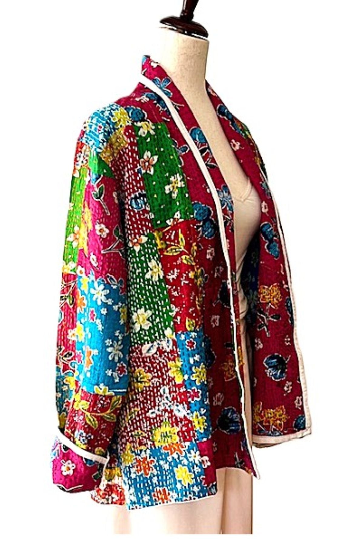 Jackets, Fully Reversible Short Quilted Jacket With Kantha Stitching. Beautiful Colors.