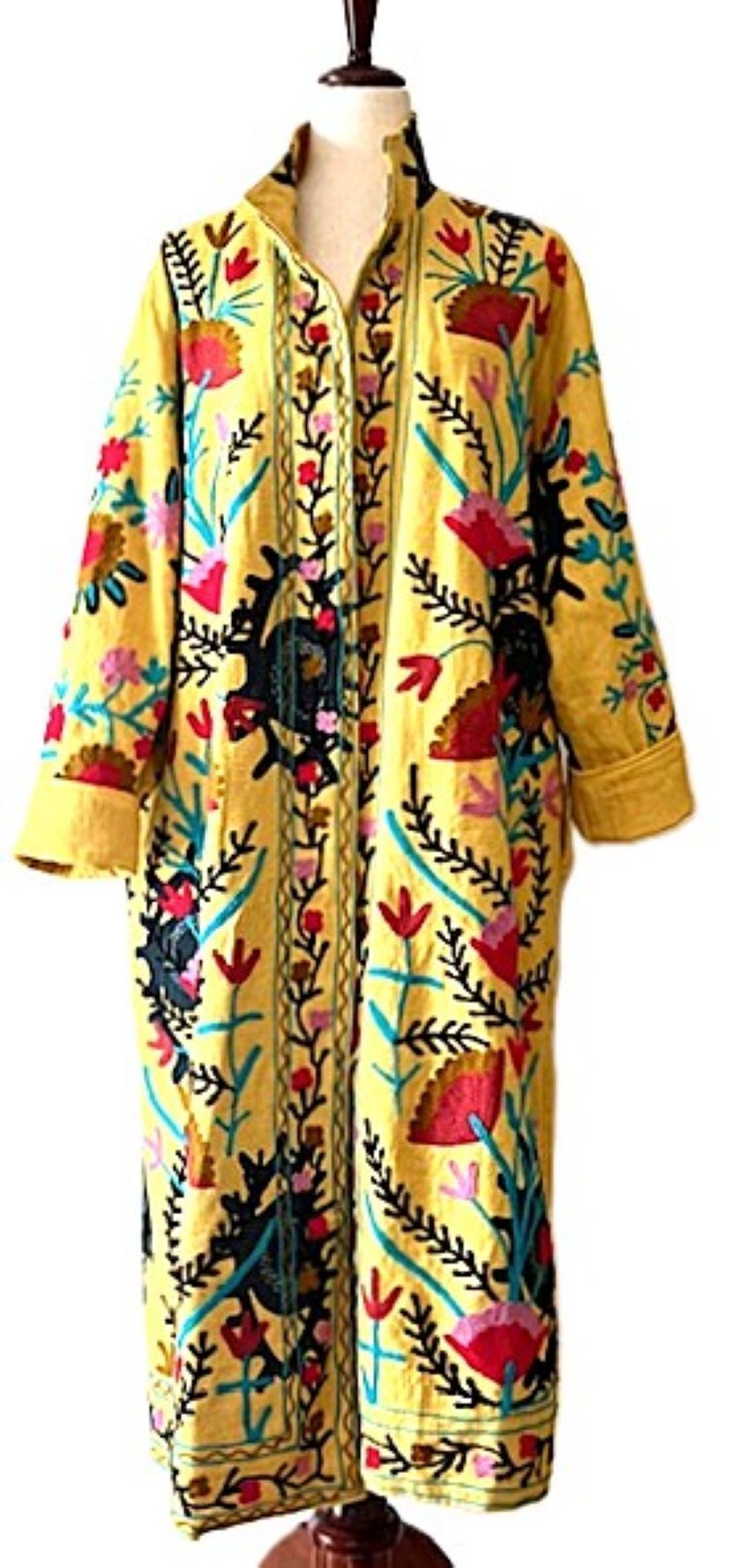 Jacket: Long Embroidered Colorful Suzani Top Coat. (Yellow)