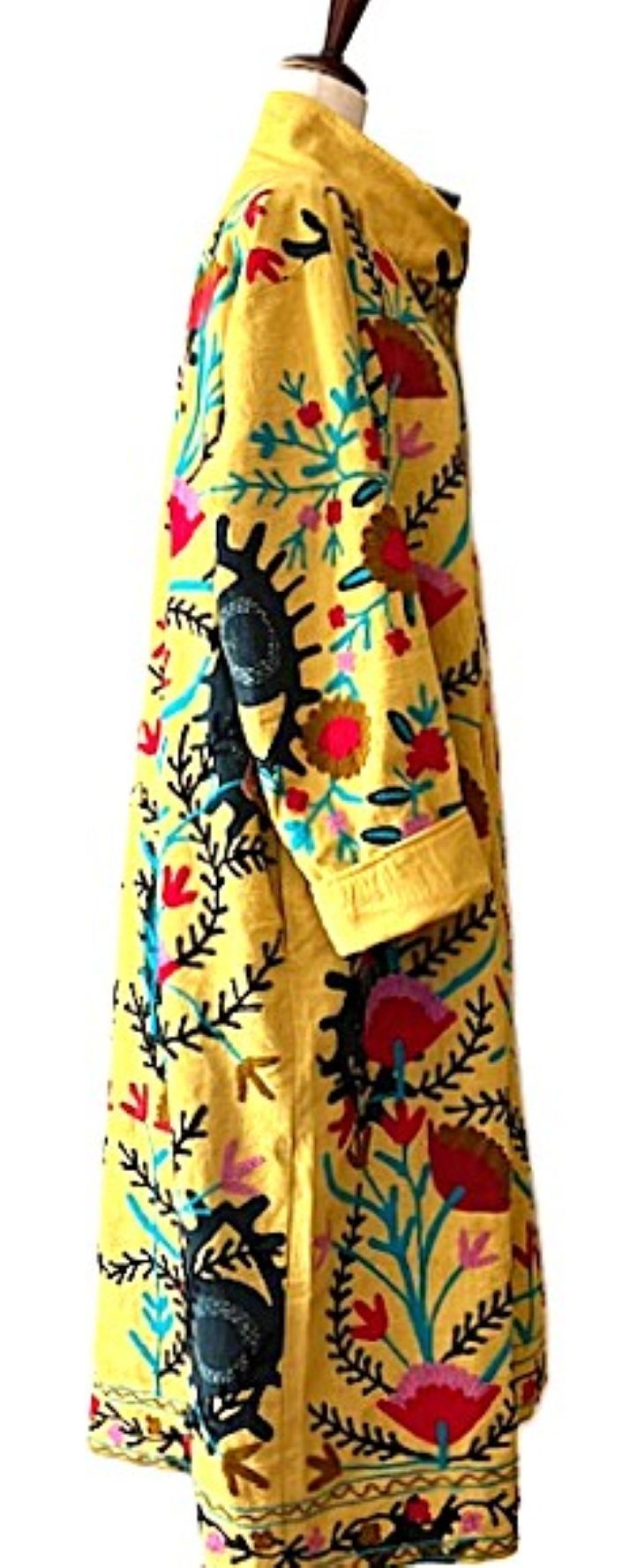 Jacket: Long Embroidered Colorful Suzani Top Coat. (Yellow)