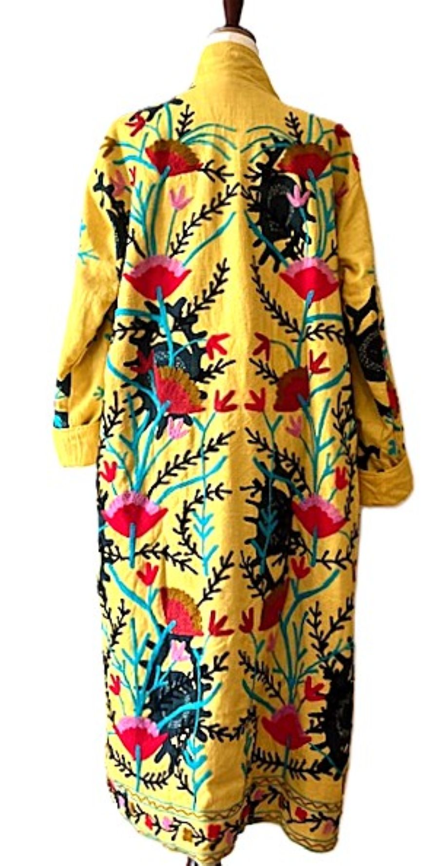 Jacket: Long Embroidered Colorful Suzani Top Coat. (Yellow)