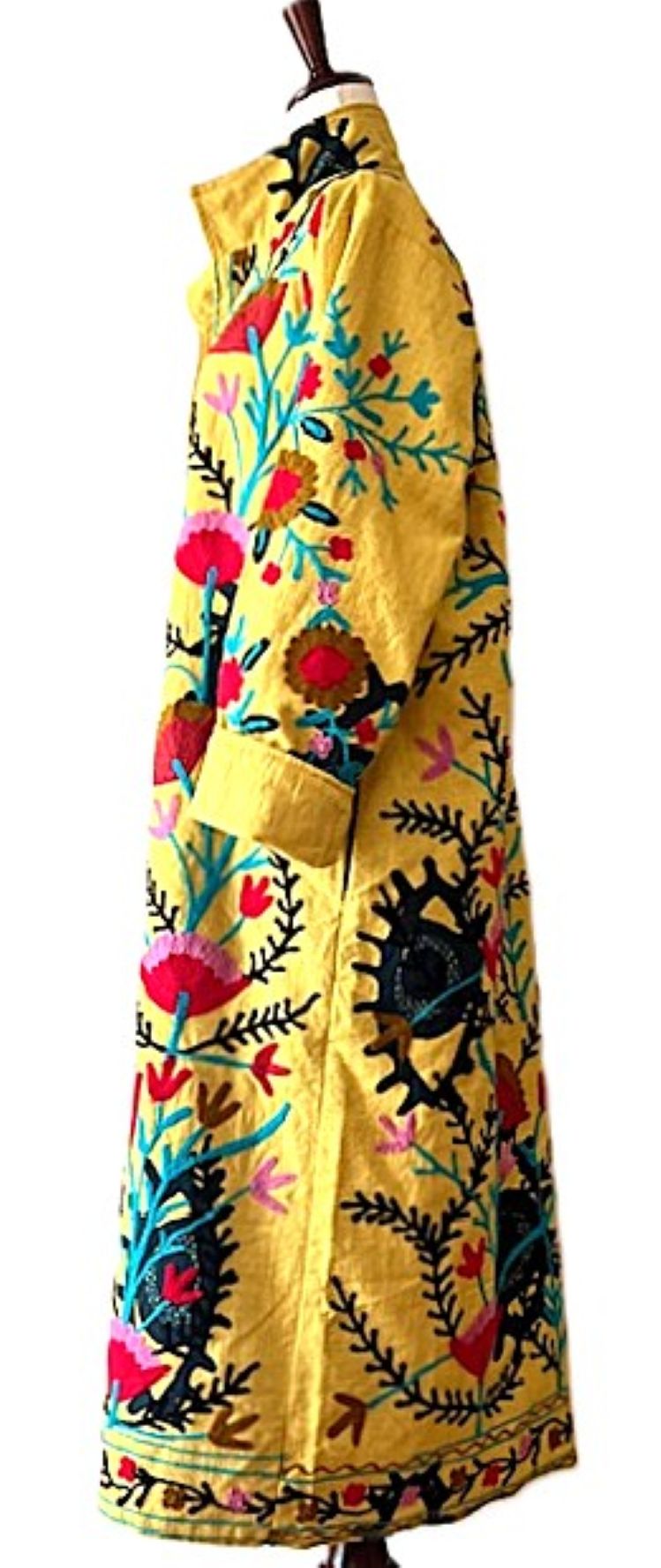 Jacket: Long Embroidered Colorful Suzani Top Coat. (Yellow)