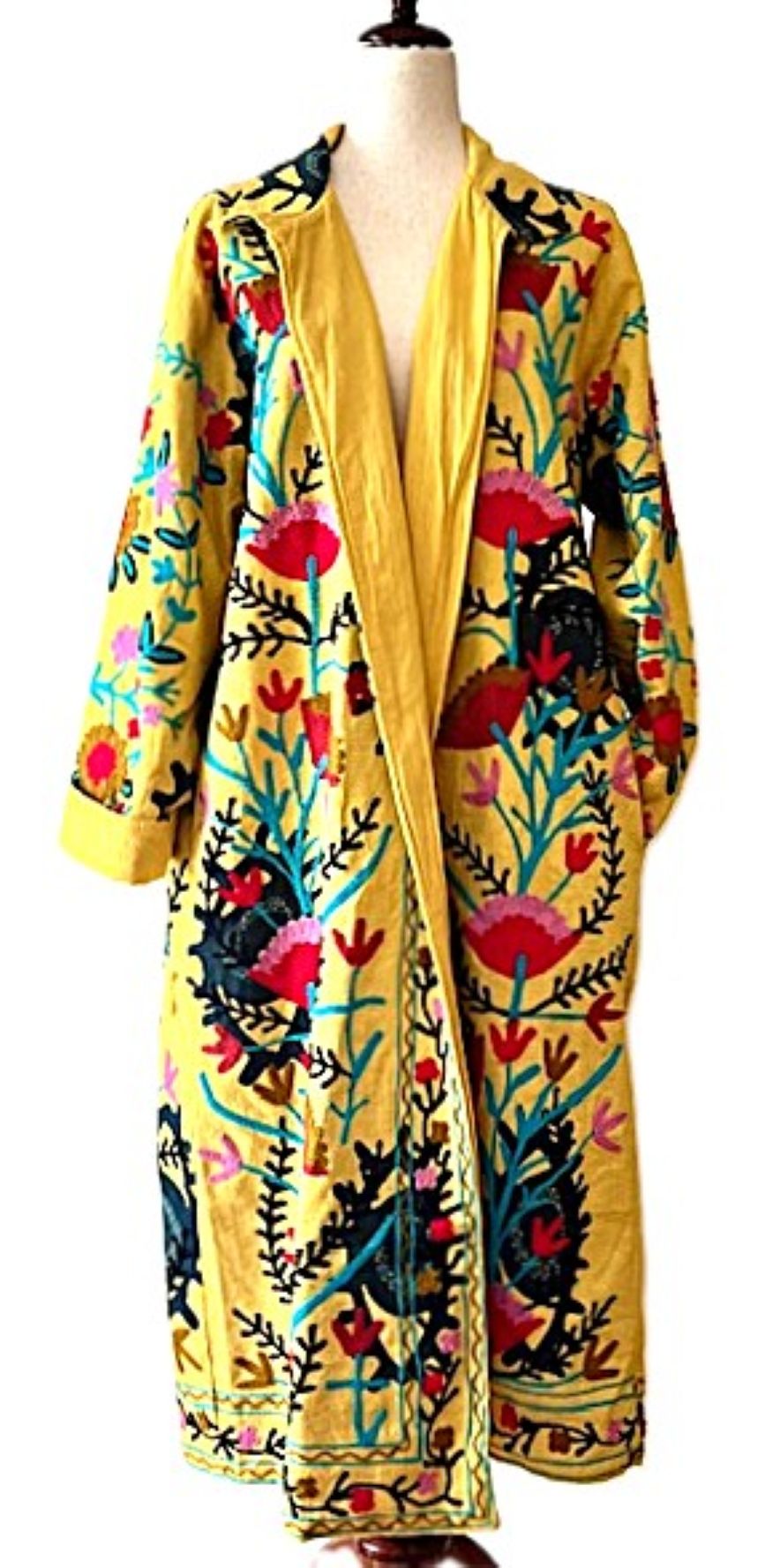 Jacket: Long Embroidered Colorful Suzani Top Coat. (Yellow)