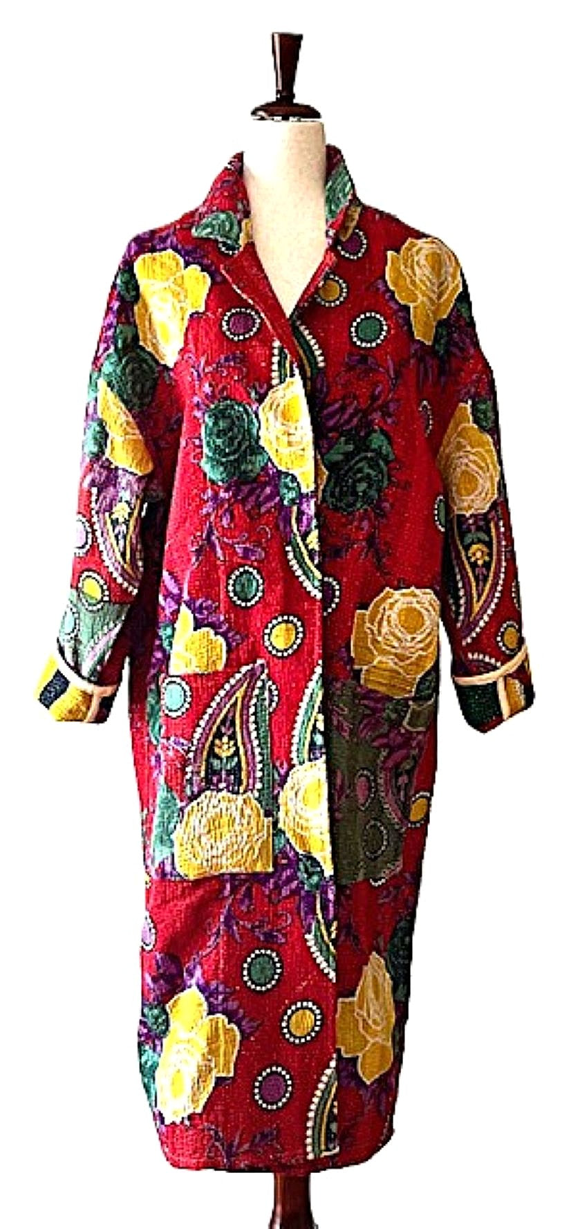 Jacket - Wearable Art, Long Boho Quilted Patchwork Coat Is A Statement Piece (Red Floral)