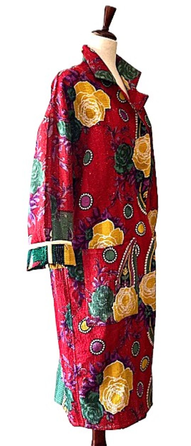 Jacket - Wearable Art, Long Boho Quilted Patchwork Coat Is A Statement Piece (Red Floral)