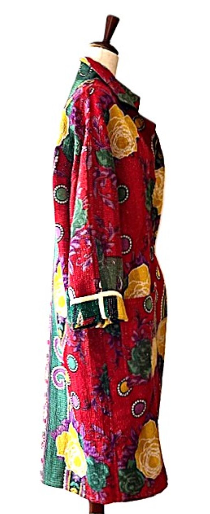 Jacket - Wearable Art, Long Boho Quilted Patchwork Coat Is A Statement Piece (Red Floral)