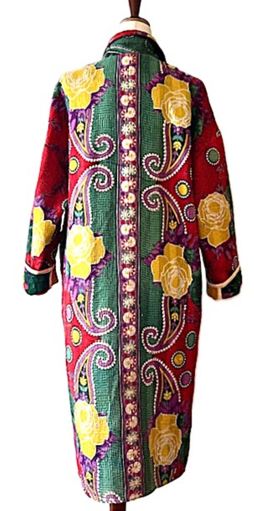 Jacket - Wearable Art, Long Boho Quilted Patchwork Coat Is A Statement Piece (Red Floral)