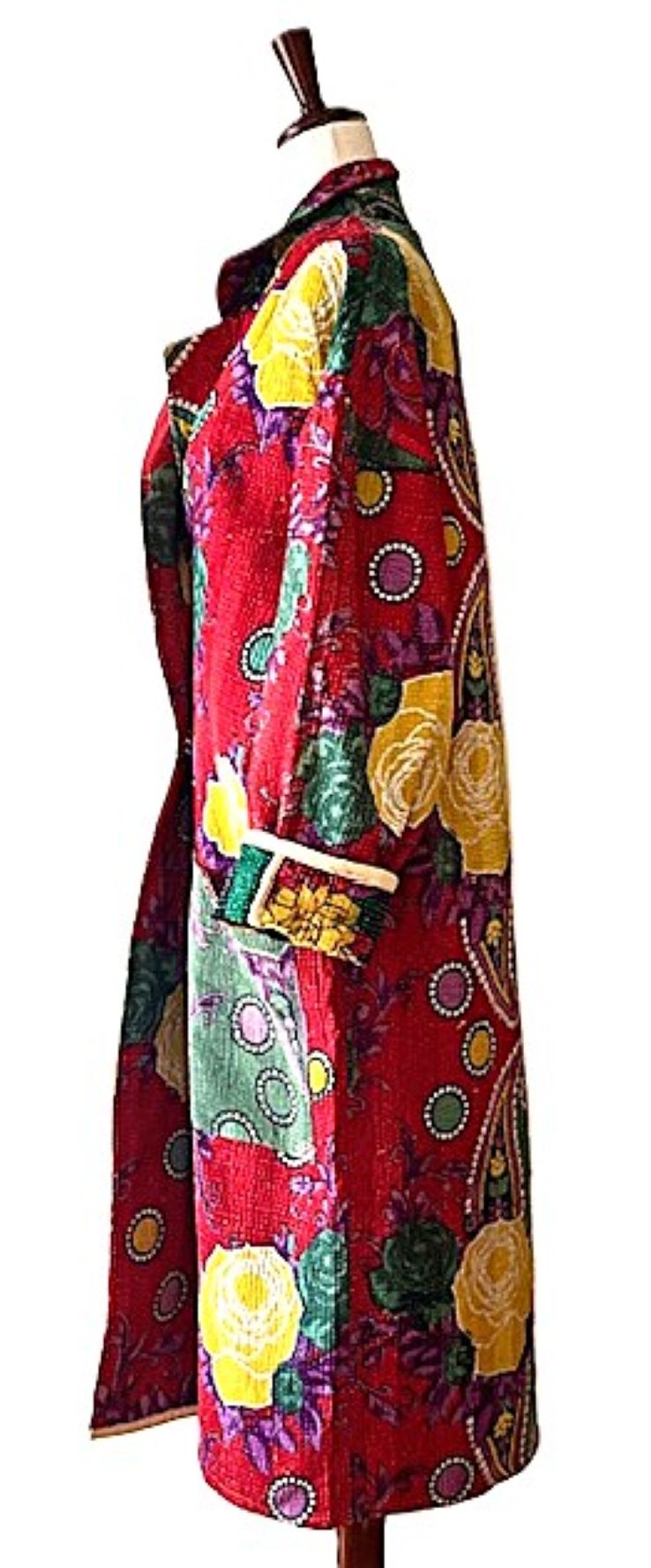 Jacket - Wearable Art, Long Boho Quilted Patchwork Coat Is A Statement Piece (Red Floral)