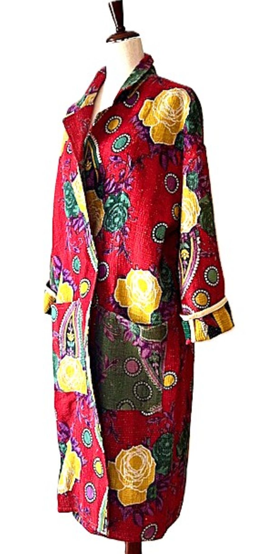 Jacket - Wearable Art, Long Boho Quilted Patchwork Coat Is A Statement Piece (Red Floral)