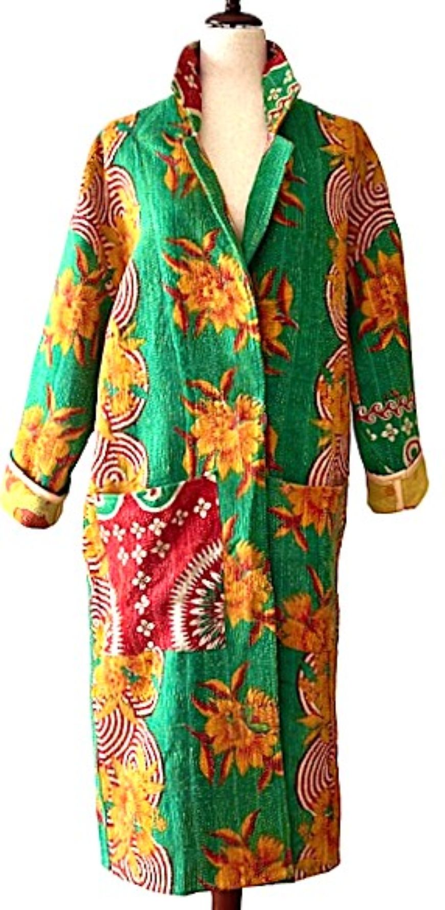 Jacket - Wearable Art, Long Boho Quilted Patchwork Coat Is A Statement Piece (Green Floral)