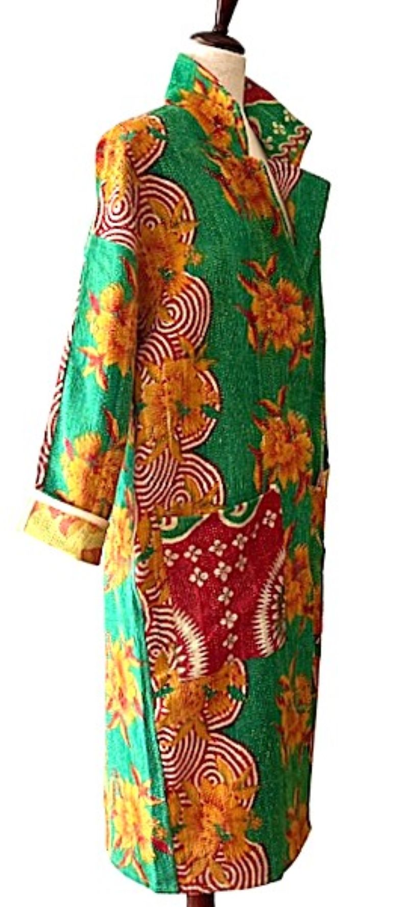 Jacket - Wearable Art, Long Boho Quilted Patchwork Coat Is A Statement Piece (Green Floral)