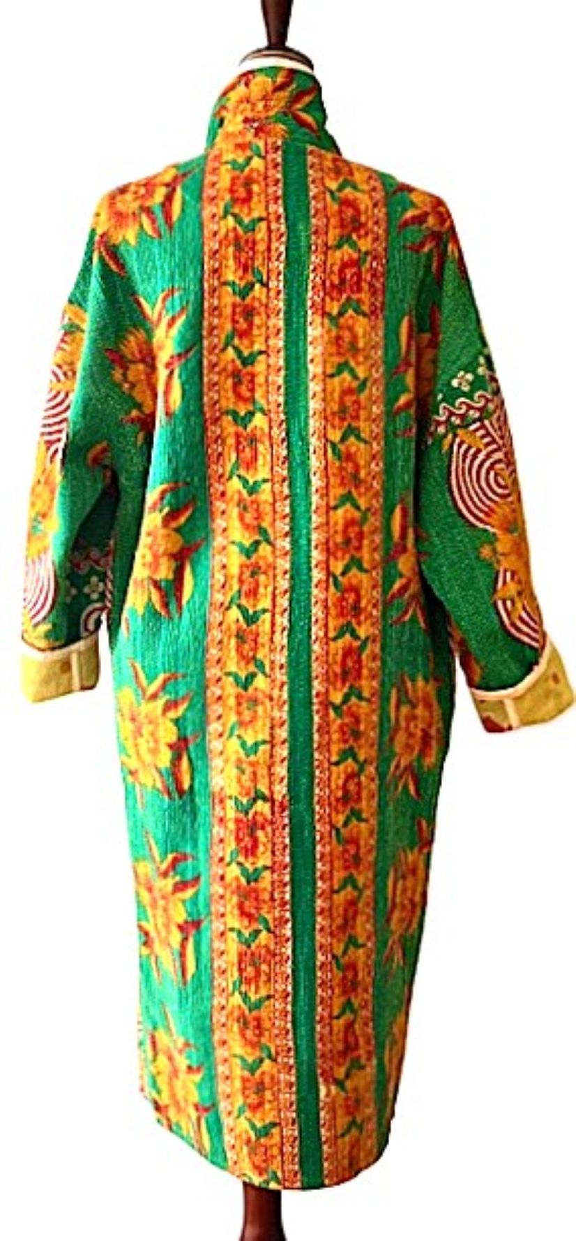 Jacket - Wearable Art, Long Boho Quilted Patchwork Coat Is A Statement Piece (Green Floral)