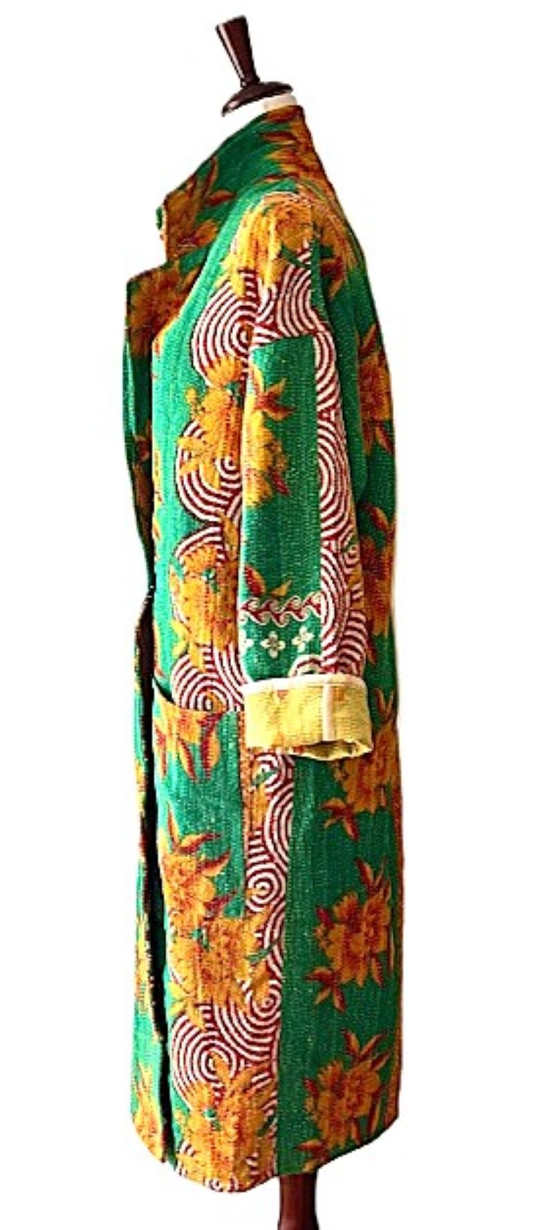 Jacket - Wearable Art, Long Boho Quilted Patchwork Coat Is A Statement Piece (Green Floral)