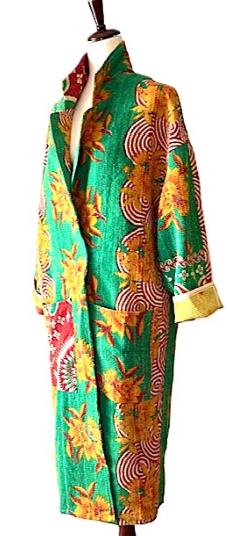 Jacket - Wearable Art, Long Boho Quilted Patchwork Coat Is A Statement Piece (Green Floral)