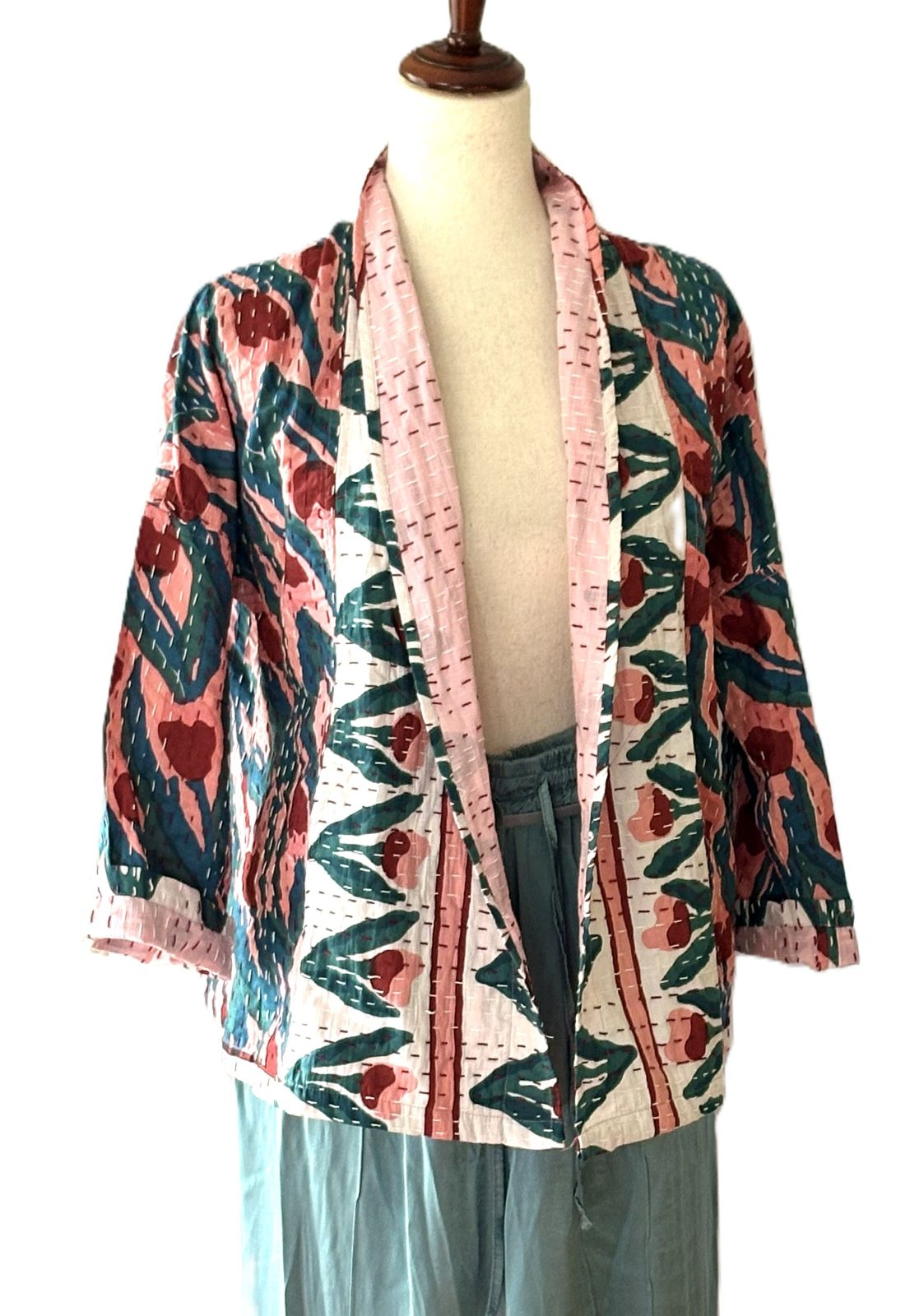 Kantha Quilted Short Handmade Cotton Jacket With Border (Geometric)