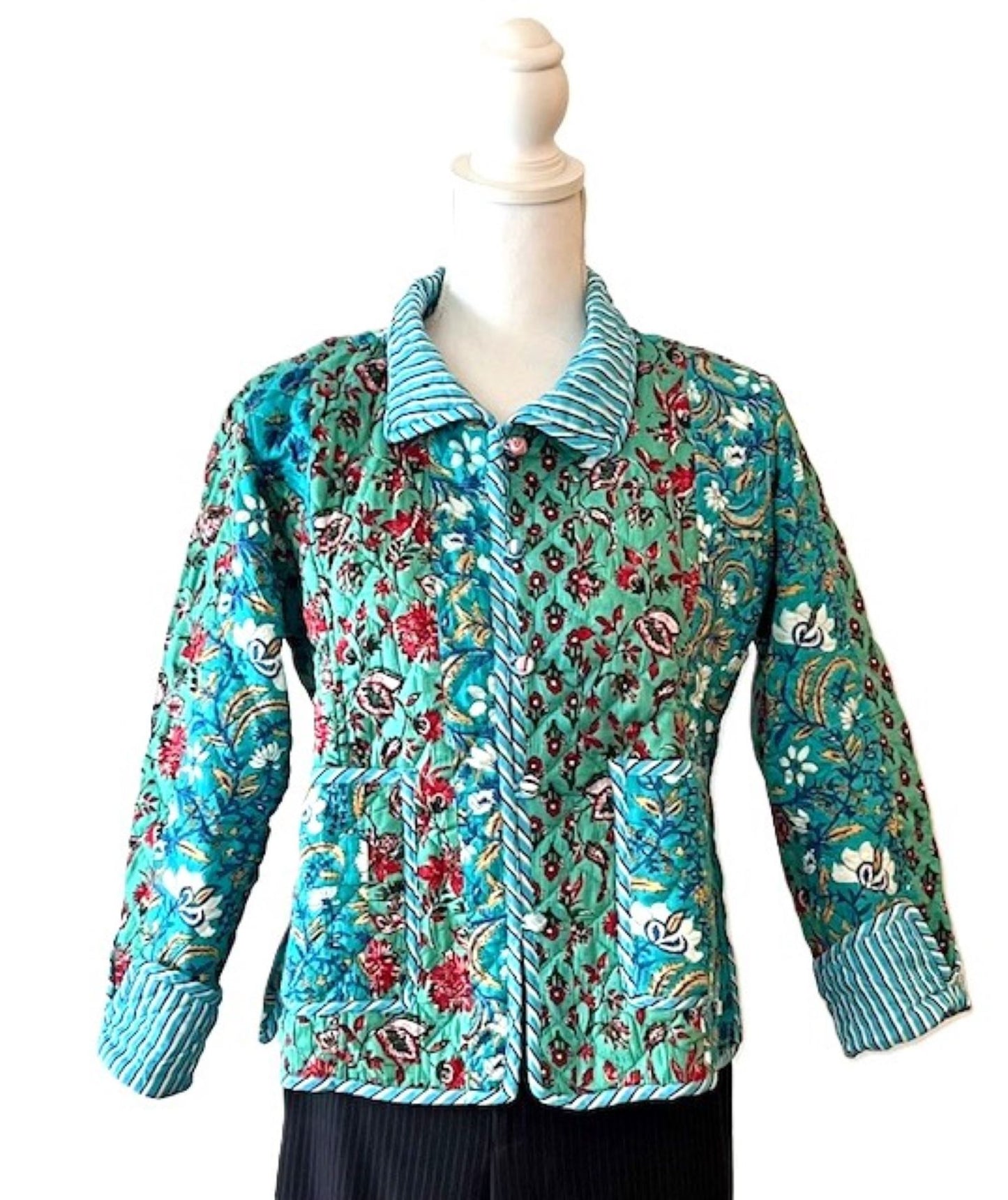 New Style: Collared Reversible Cotton Quilted Womens Jacket With Stripe Piping. (Turquoise)