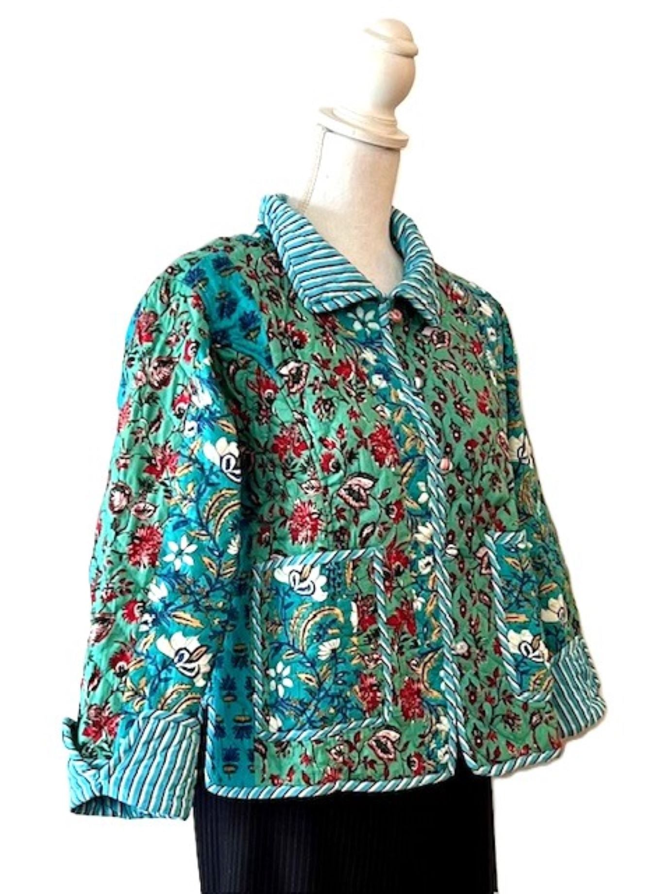 New Style: Collared Reversible Cotton Quilted Womens Jacket With Stripe Piping. (Turquoise)