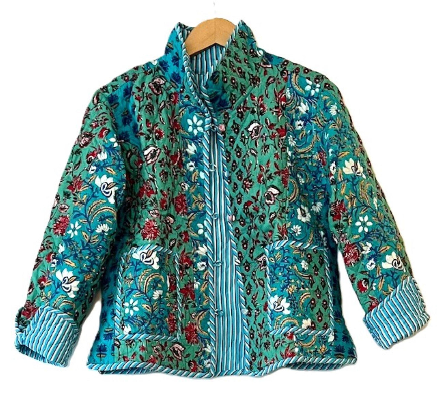 New Style: Collared Reversible Cotton Quilted Womens Jacket With Stripe Piping. (Turquoise)