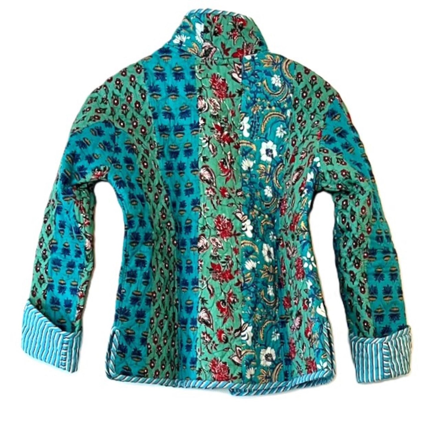 New Style: Collared Reversible Cotton Quilted Womens Jacket With Stripe Piping. (Turquoise)