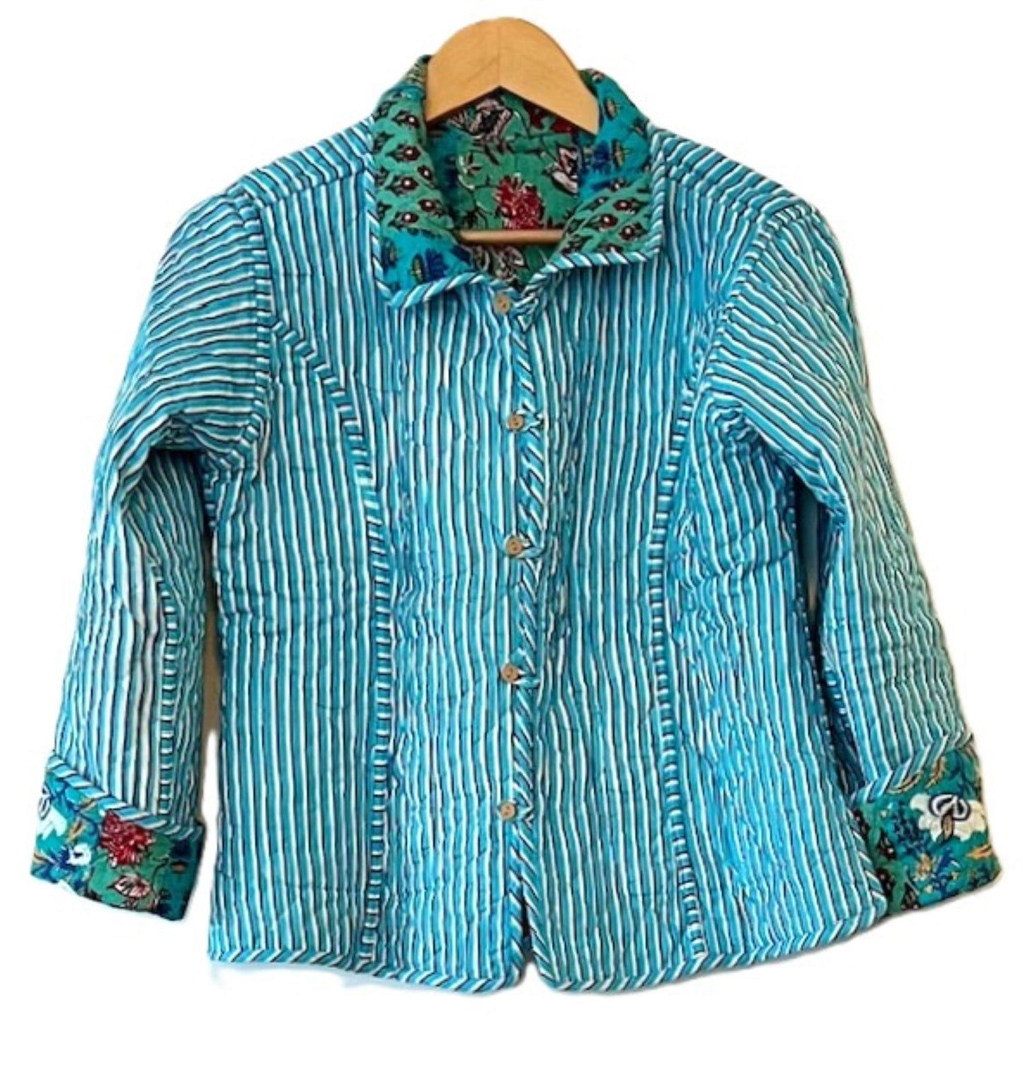 New Style: Collared Reversible Cotton Quilted Womens Jacket With Stripe Piping. (Turquoise)