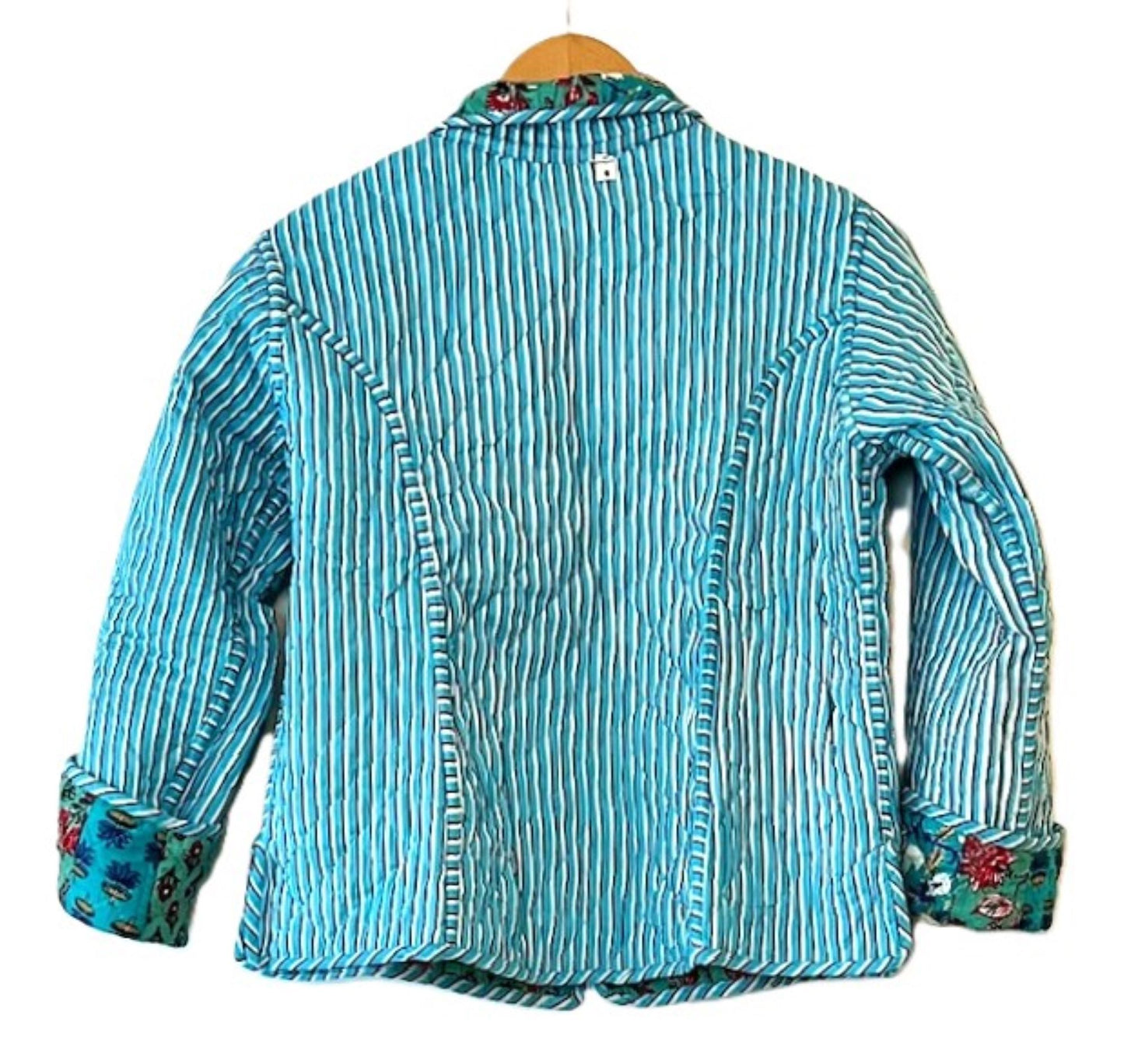 New Style: Collared Reversible Cotton Quilted Womens Jacket With Stripe Piping. (Turquoise)