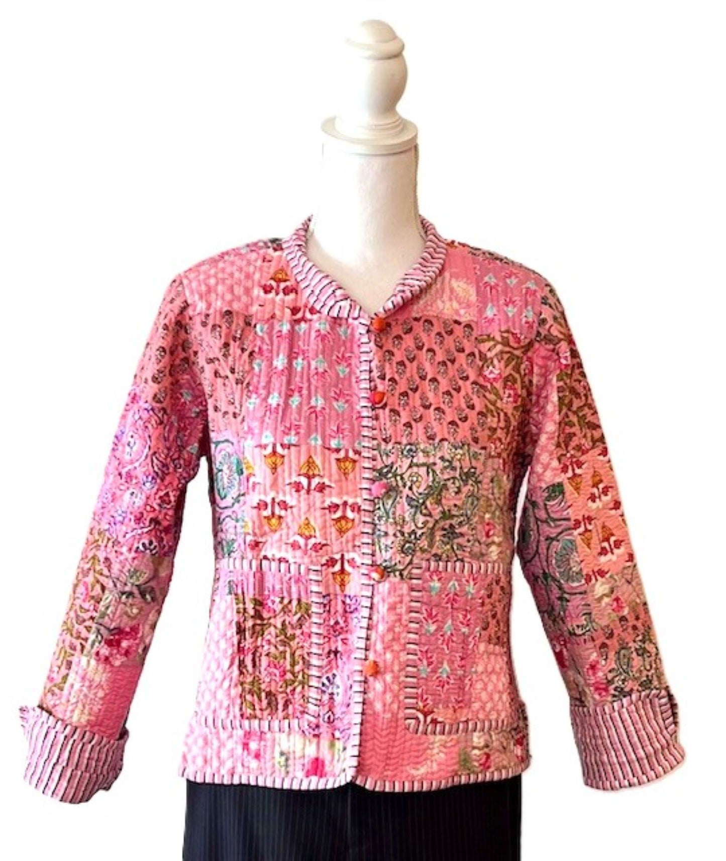 Reversible Cotton Quilted Womens Jacket With Stripe Piping. New Print (Pink)