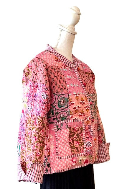 Reversible Cotton Quilted Womens Jacket With Stripe Piping. New Print (Pink)