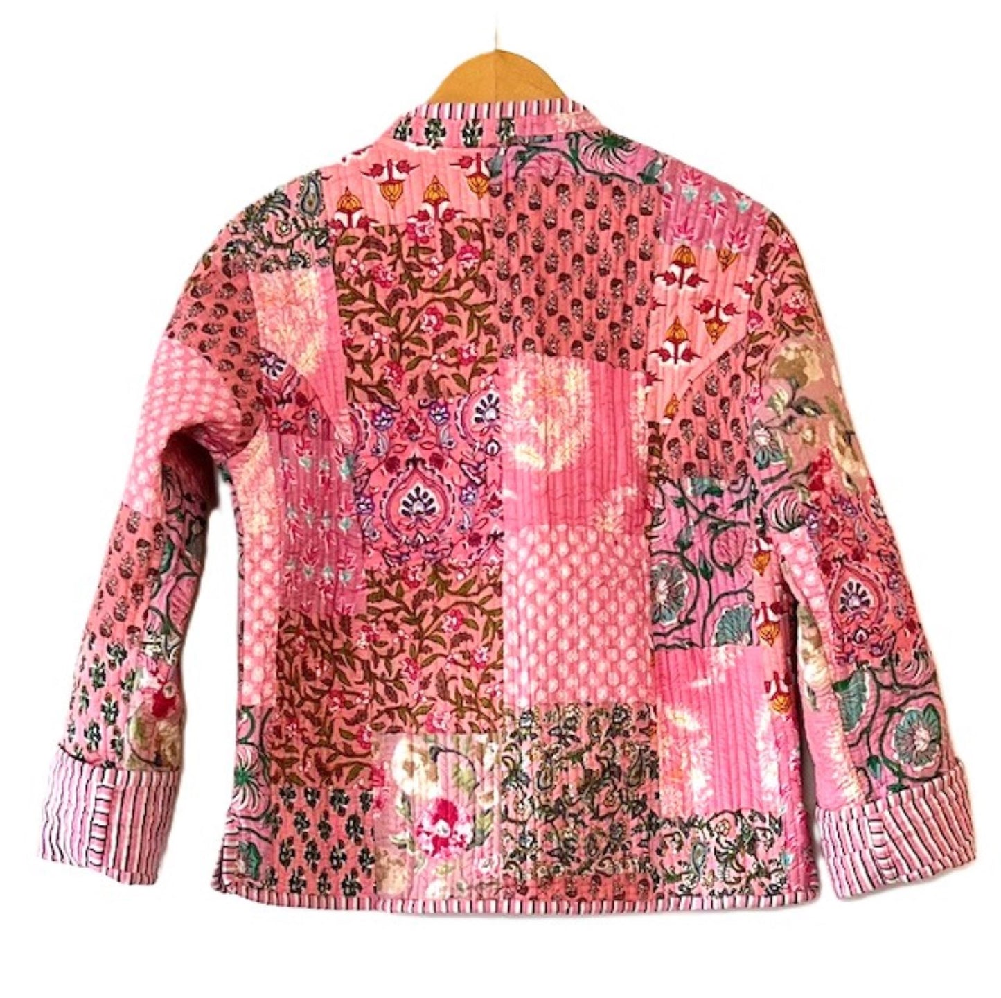 Reversible Cotton Quilted Womens Jacket With Stripe Piping. New Print (Pink)