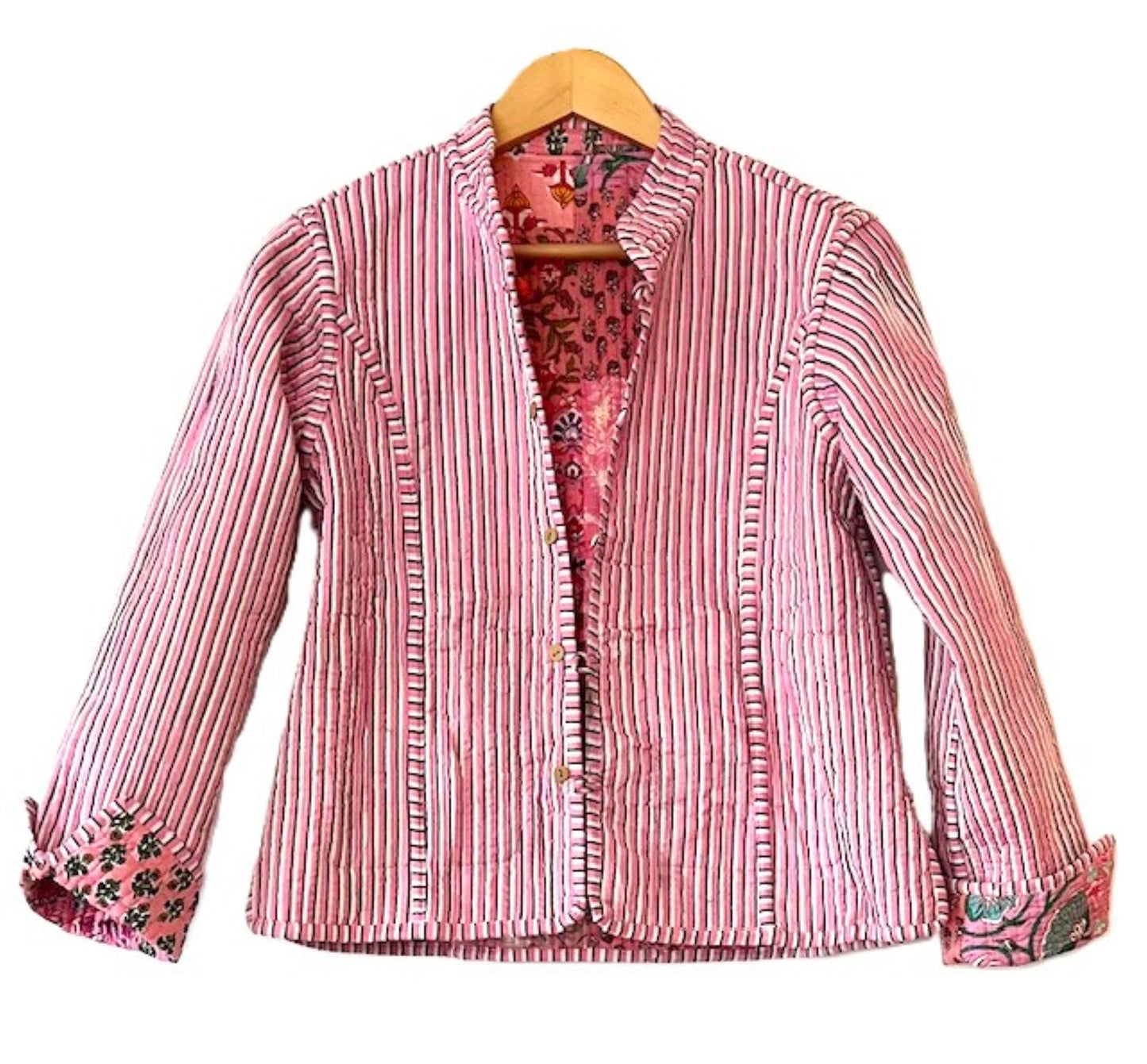 Reversible Cotton Quilted Womens Jacket With Stripe Piping. New Print (Pink)